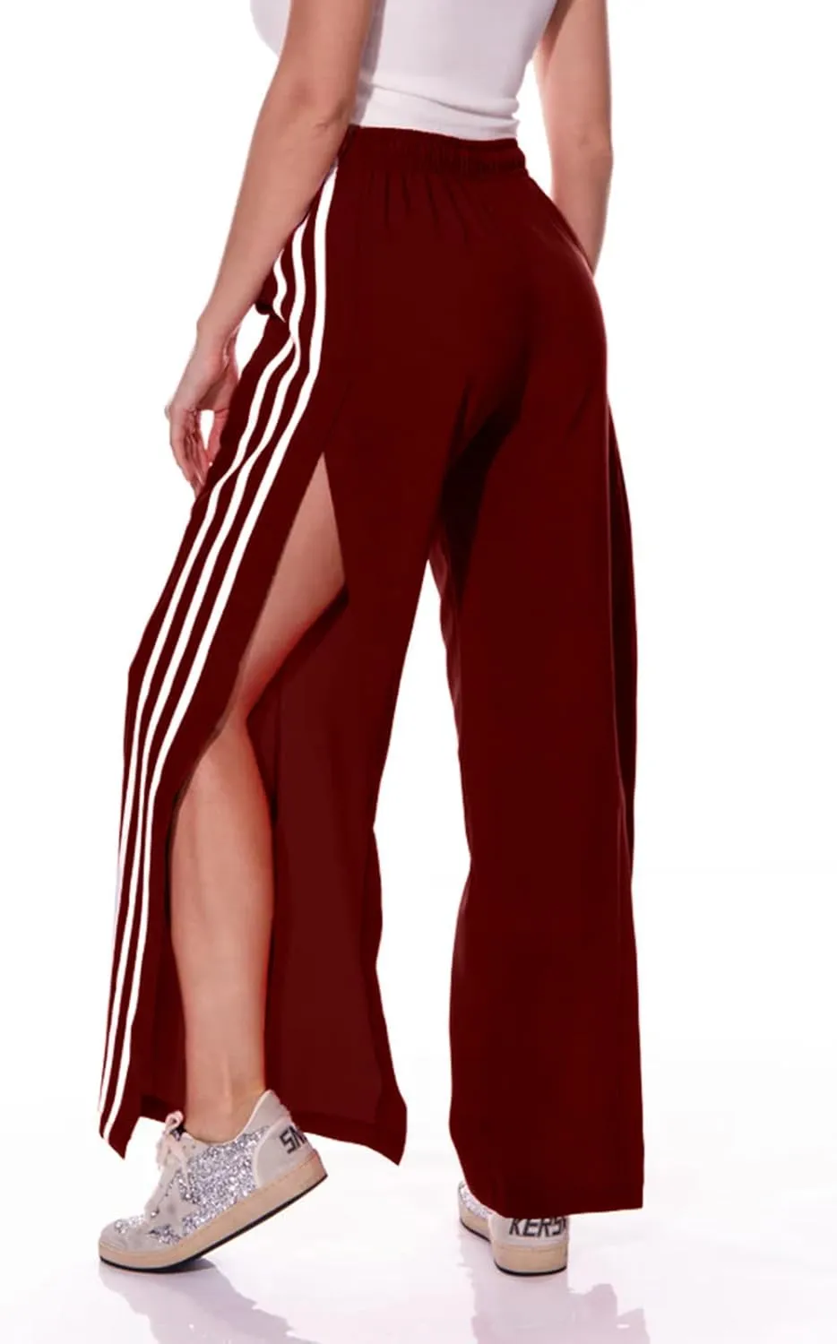 Alunzoem Womens Wide Leg Pants High Waist Striped Side Slit Stretch Casual Loose Drawstring Pant Trousers