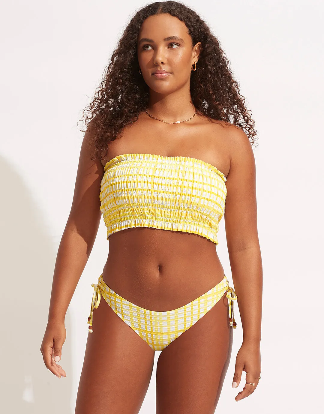 Amalfi Check Shirred Longline Bandeau Bikini Top - Lime Light