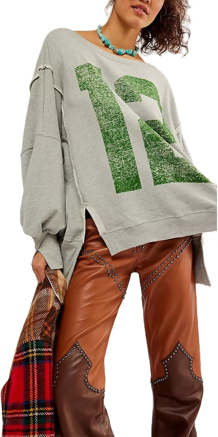 Amiblvowa Women's Vintage Oversized Graphic Sweatshirt Y2k Long Sleeve Baggy Crewneck Pullover Sweater Retro Loose Fit Top
