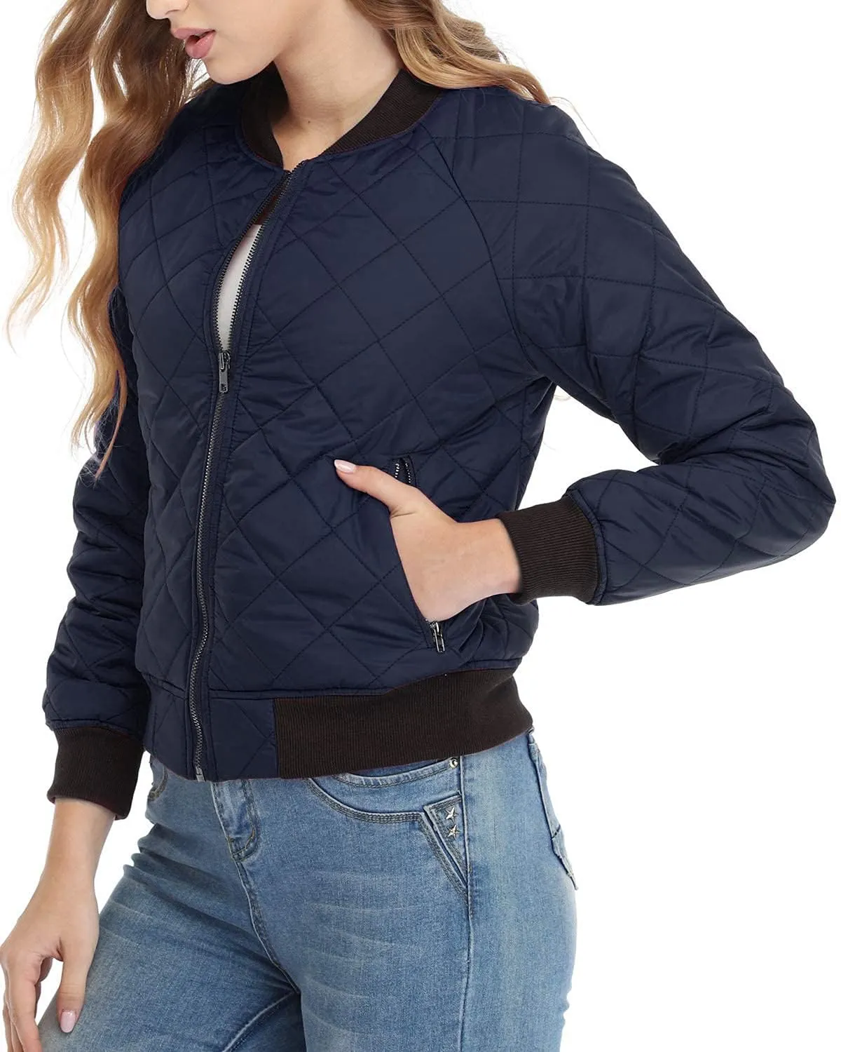 andy & natalie Women's Bomber Jacket Fashion Quilted Casual Lightweight Bomber Jakcets Zip up Outerwear Jacket with Pockets