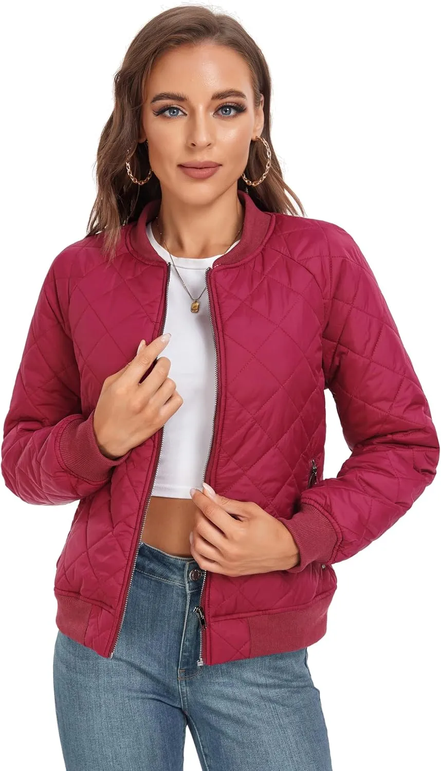 andy & natalie Women's Bomber Jacket Fashion Quilted Casual Lightweight Bomber Jakcets Zip up Outerwear Jacket with Pockets