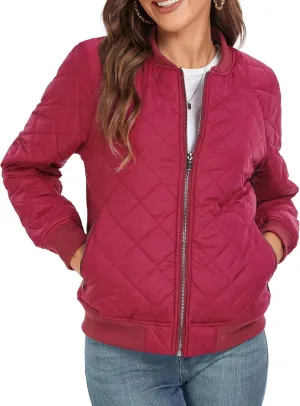 andy & natalie Women's Bomber Jacket Fashion Quilted Casual Lightweight Bomber Jakcets Zip up Outerwear Jacket with Pockets