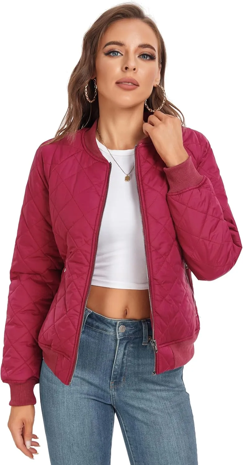 andy & natalie Women's Bomber Jacket Fashion Quilted Casual Lightweight Bomber Jakcets Zip up Outerwear Jacket with Pockets