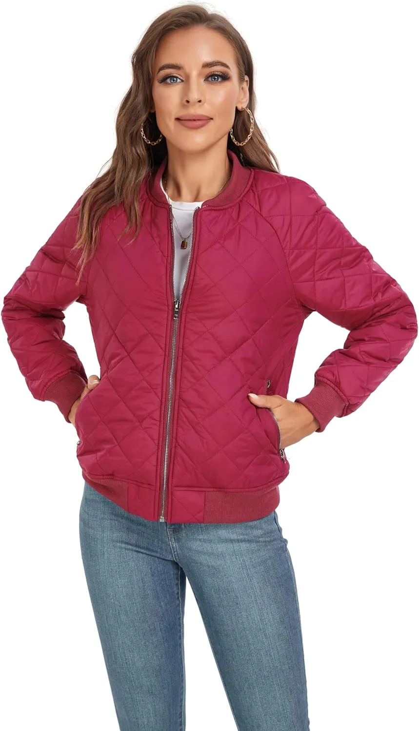 andy & natalie Women's Bomber Jacket Fashion Quilted Casual Lightweight Bomber Jakcets Zip up Outerwear Jacket with Pockets