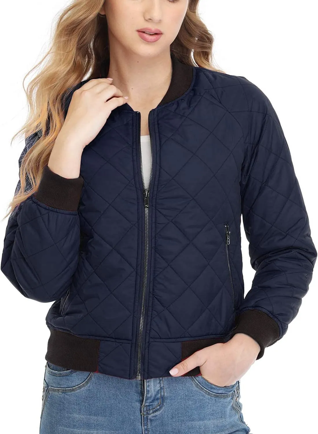 andy & natalie Women's Bomber Jacket Fashion Quilted Casual Lightweight Bomber Jakcets Zip up Outerwear Jacket with Pockets