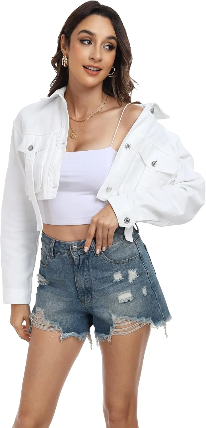 andy & natalie Womens Jean Jacket Cropped Fashion Button Down Denim Jackets Short Shacket Outfit