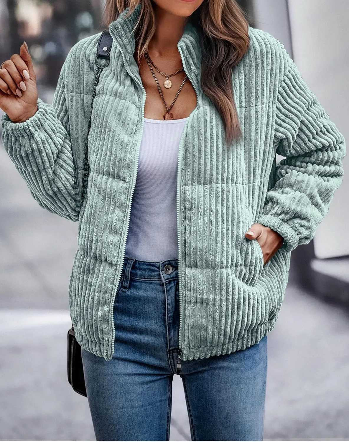 Angashion Women's Bomber Jacket Corduroy Ribbed Quilted Zip Up Long Sleeve Winter Coat Fall Outerwear Tops with Pockets