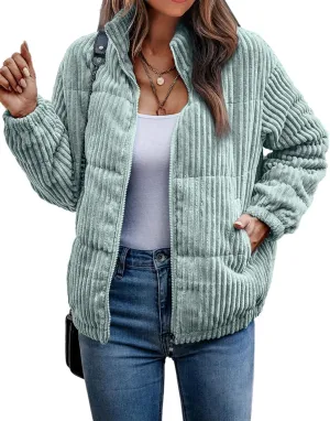 Angashion Women's Bomber Jacket Corduroy Ribbed Quilted Zip Up Long Sleeve Winter Coat Fall Outerwear Tops with Pockets