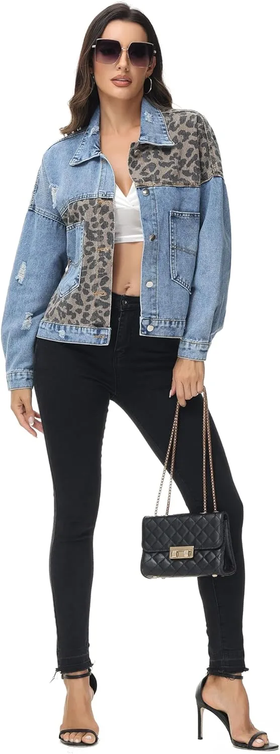 Anna-Kaci Women Long Sleeve Button Down Leopard Print Crop Denim Jacket Ripped Distressed Boyfriend Outerwear