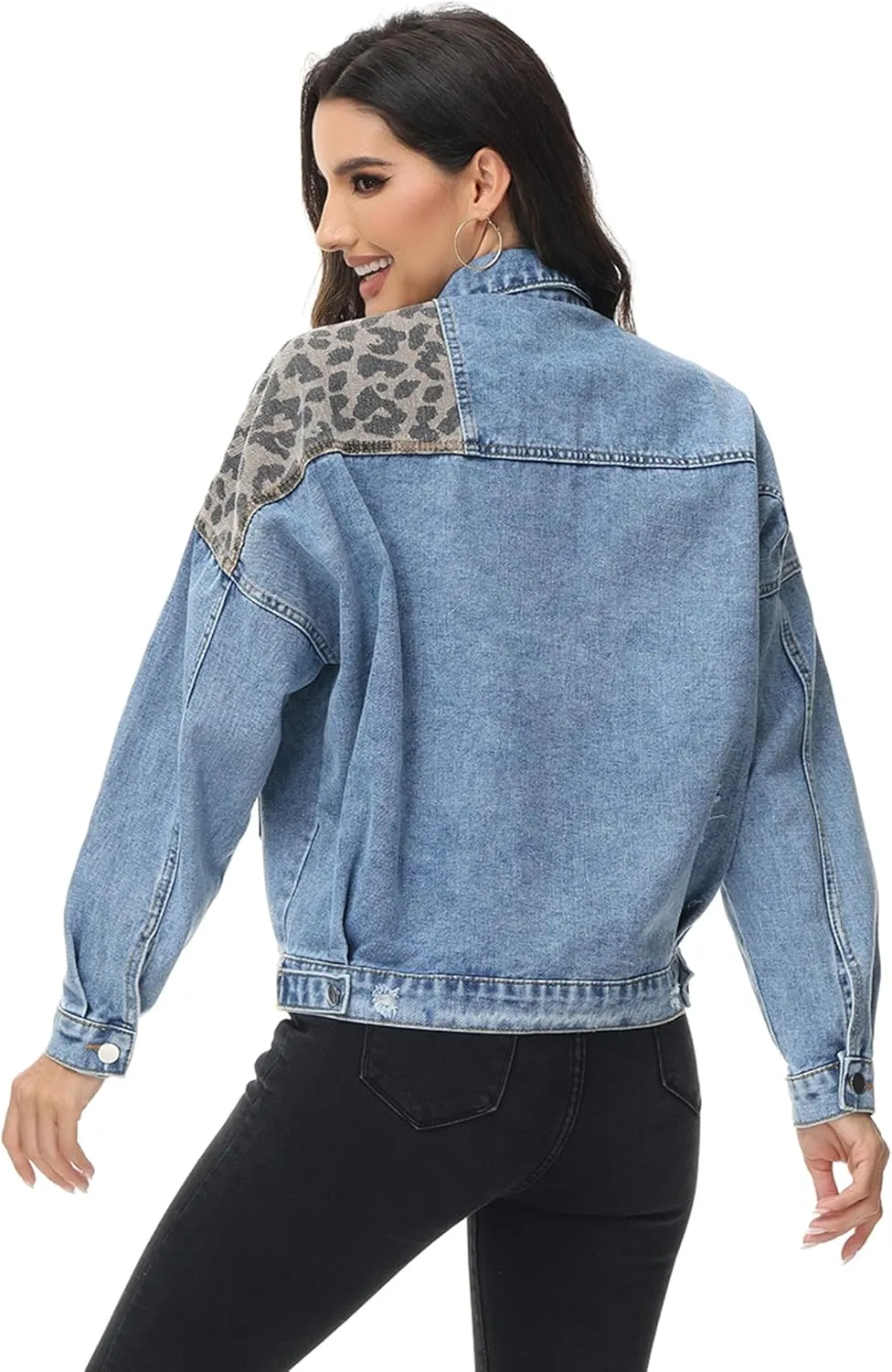 Anna-Kaci Women Long Sleeve Button Down Leopard Print Crop Denim Jacket Ripped Distressed Boyfriend Outerwear