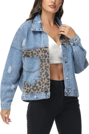 Anna-Kaci Women Long Sleeve Button Down Leopard Print Crop Denim Jacket Ripped Distressed Boyfriend Outerwear