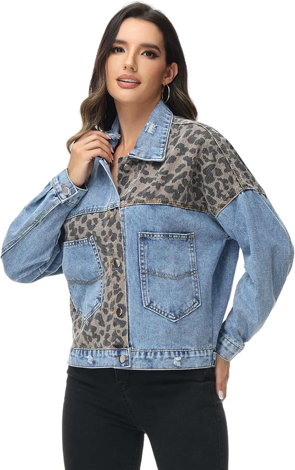 Anna-Kaci Women Long Sleeve Button Down Leopard Print Crop Denim Jacket Ripped Distressed Boyfriend Outerwear