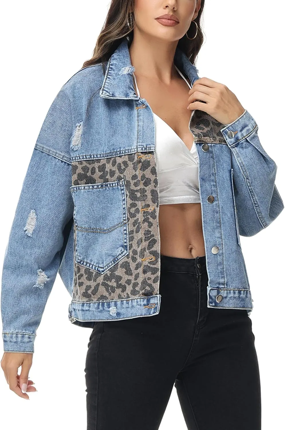 Anna-Kaci Women Long Sleeve Button Down Leopard Print Crop Denim Jacket Ripped Distressed Boyfriend Outerwear