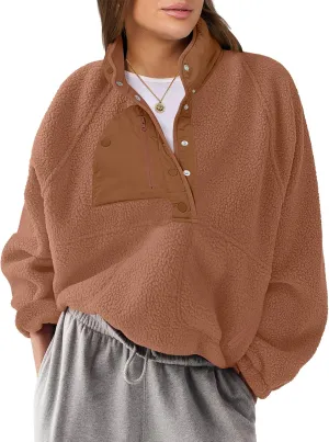 ANRABESS Women Fleece Sherpa Pullover Sweatshirt Cropped Loose Fuzzy Jacket Soft Button Down Winter Outerwear with Pockets