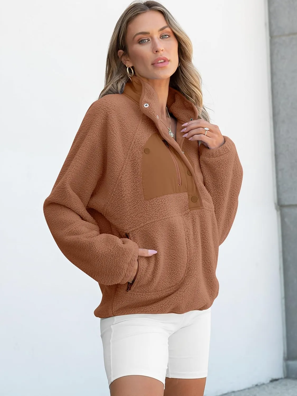ANRABESS Women Fleece Sherpa Pullover Sweatshirt Cropped Loose Fuzzy Jacket Soft Button Down Winter Outerwear with Pockets