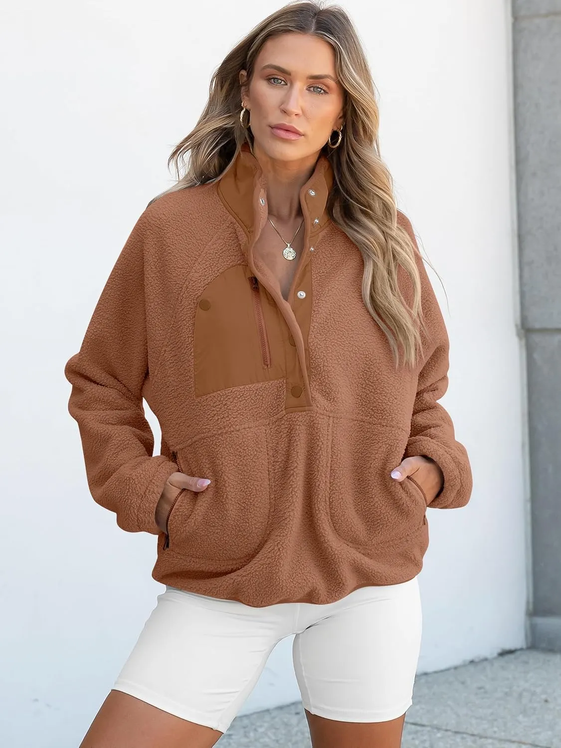 ANRABESS Women Fleece Sherpa Pullover Sweatshirt Cropped Loose Fuzzy Jacket Soft Button Down Winter Outerwear with Pockets