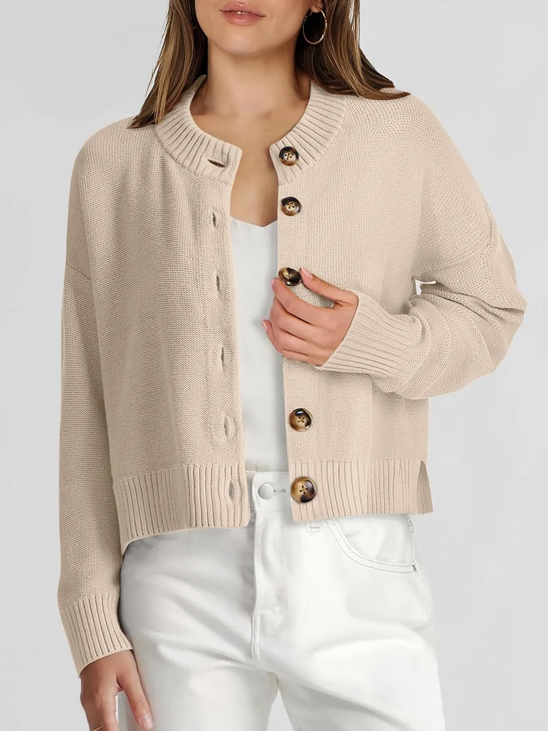 ANRABESS Women Knit Cardigans Sweater Open Front Button Down Long Sleeve Cropped Lady Jacket Outwear 2025 Spring Outfits