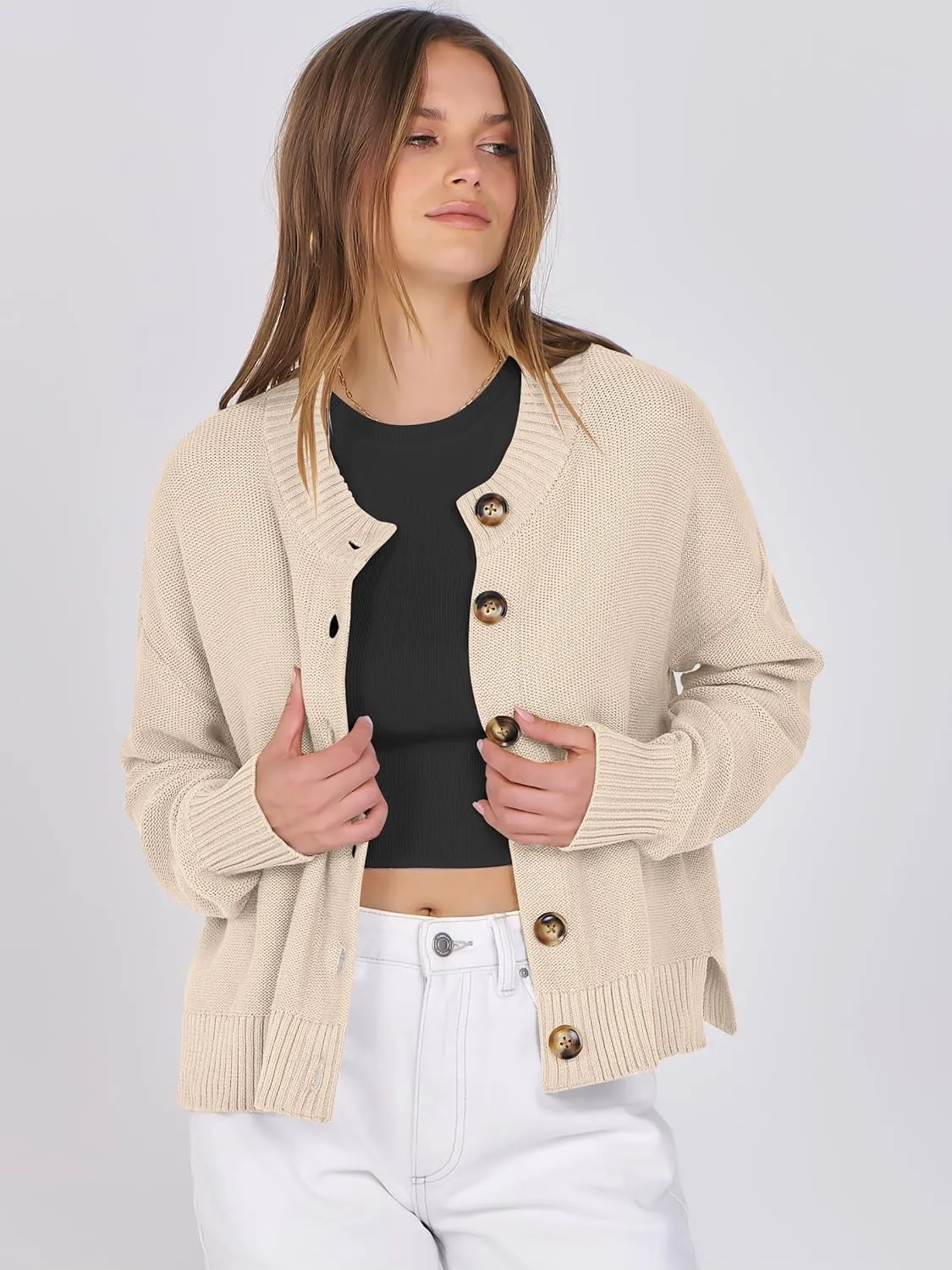 ANRABESS Women Knit Cardigans Sweater Open Front Button Down Long Sleeve Cropped Lady Jacket Outwear 2025 Spring Outfits