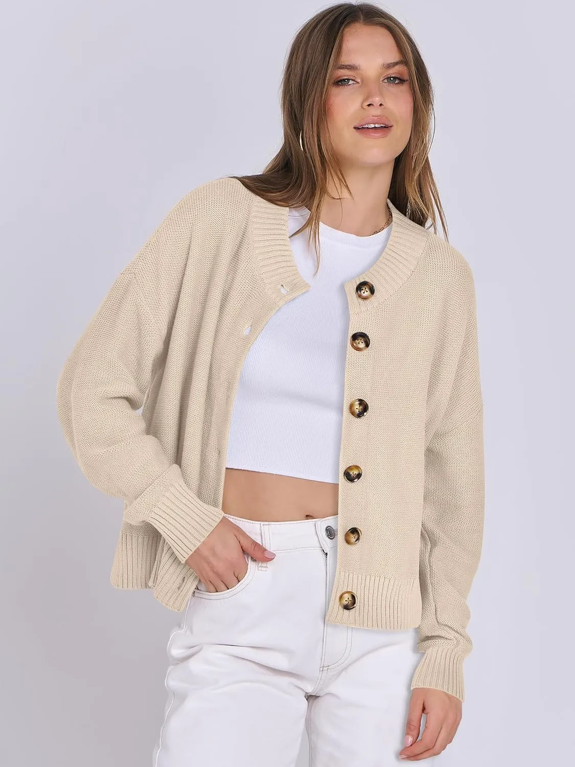 ANRABESS Women Knit Cardigans Sweater Open Front Button Down Long Sleeve Cropped Lady Jacket Outwear 2025 Spring Outfits
