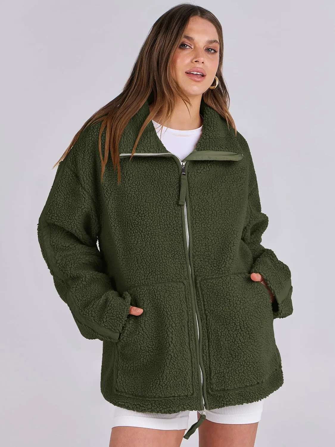 ANRABESS Womens Fleece Jacket Oversized Zip Up Sherpa Fuzzy Casual Coats Winter Fall Outerwear 2024 Clothes with Pockets