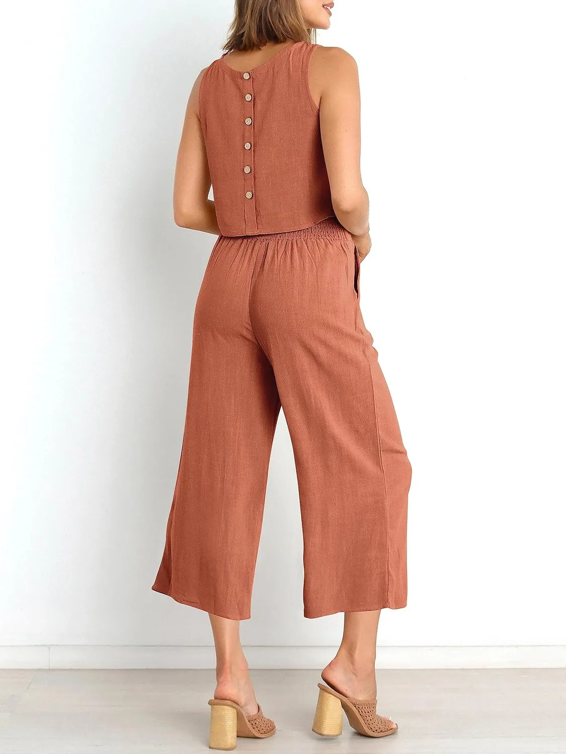 ANRABESS Women's Summer 2 Piece Outfits Sleeveless Crop Top Capri Wide Leg Pants Jumpsuit Linen Lounge Beach Travel Sets