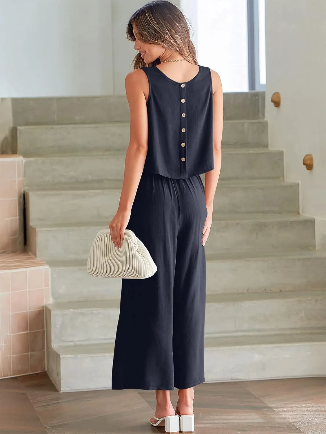 ANRABESS Women's Summer 2 Piece Outfits Sleeveless Crop Top Capri Wide Leg Pants Jumpsuit Linen Lounge Beach Travel Sets