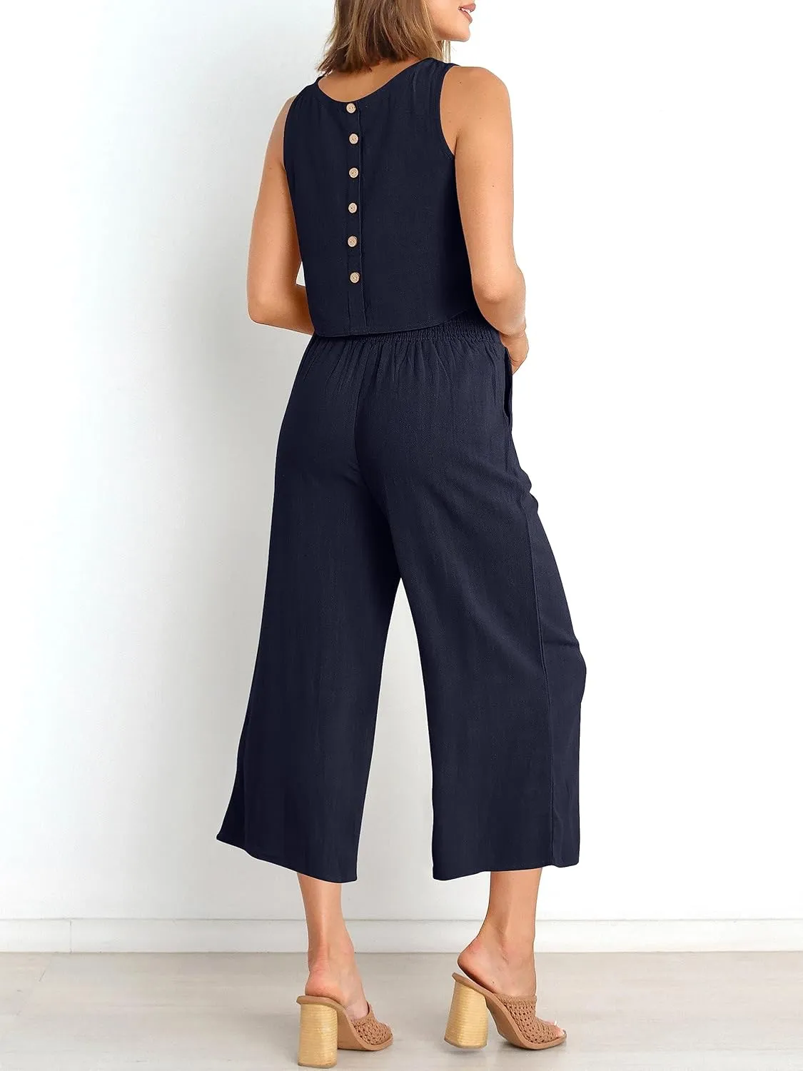 ANRABESS Women's Summer 2 Piece Outfits Sleeveless Crop Top Capri Wide Leg Pants Jumpsuit Linen Lounge Beach Travel Sets