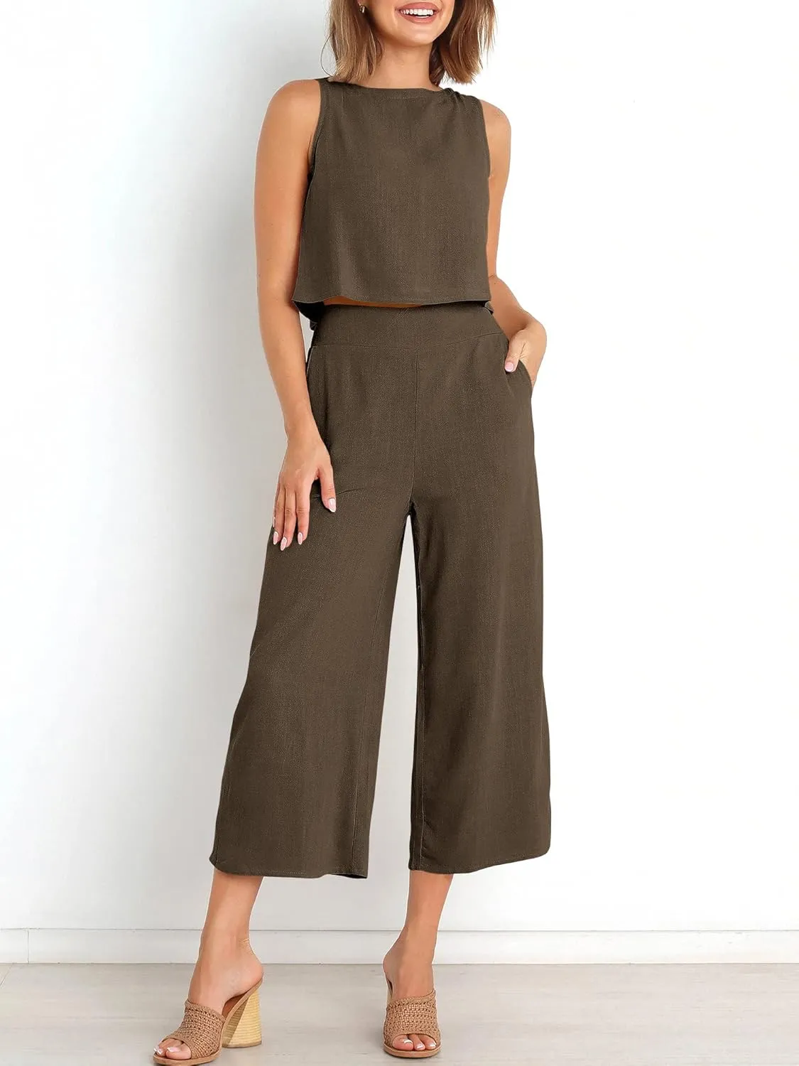 ANRABESS Women's Summer 2 Piece Outfits Sleeveless Crop Top Capri Wide Leg Pants Jumpsuit Linen Lounge Beach Travel Sets