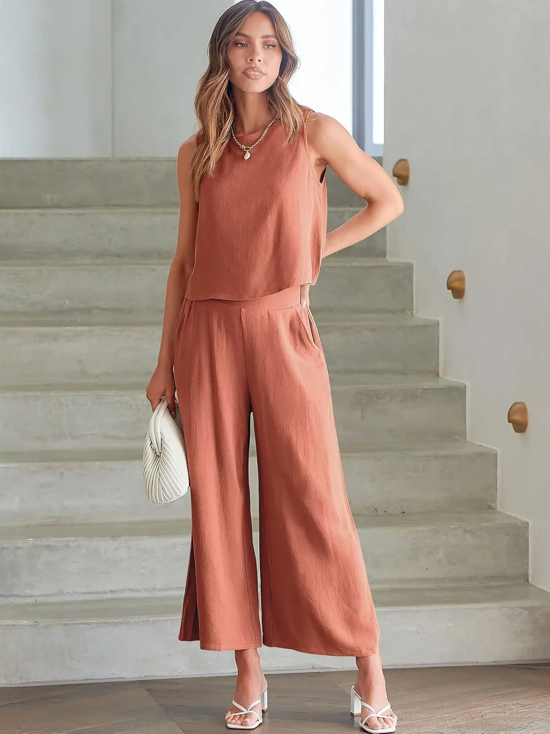 ANRABESS Women's Summer 2 Piece Outfits Sleeveless Crop Top Capri Wide Leg Pants Jumpsuit Linen Lounge Beach Travel Sets