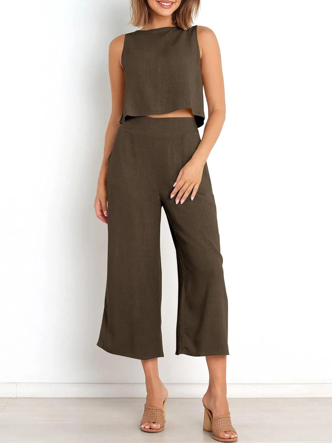 ANRABESS Women's Summer 2 Piece Outfits Sleeveless Crop Top Capri Wide Leg Pants Jumpsuit Linen Lounge Beach Travel Sets