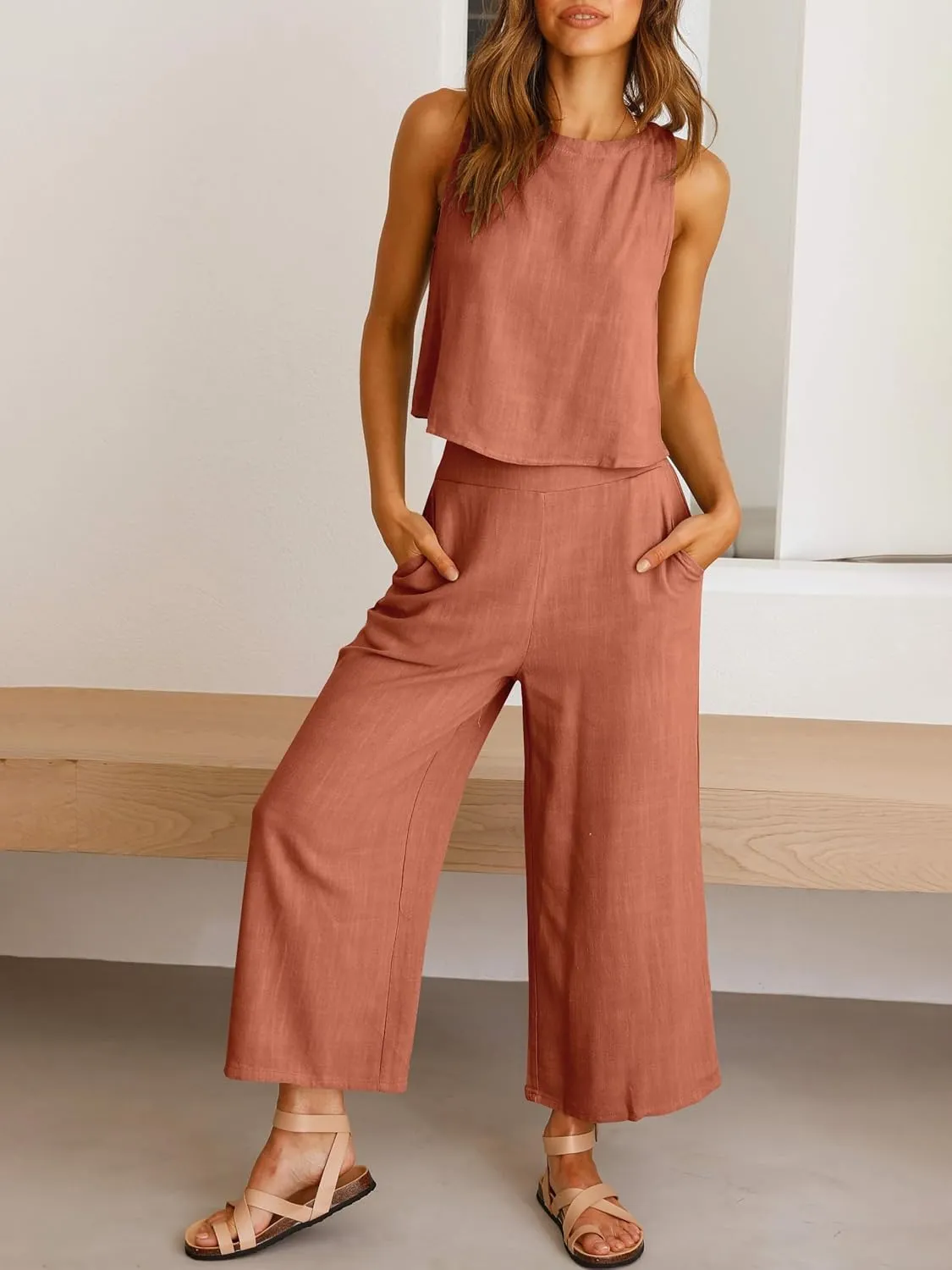 ANRABESS Women's Summer 2 Piece Outfits Sleeveless Crop Top Capri Wide Leg Pants Jumpsuit Linen Lounge Beach Travel Sets
