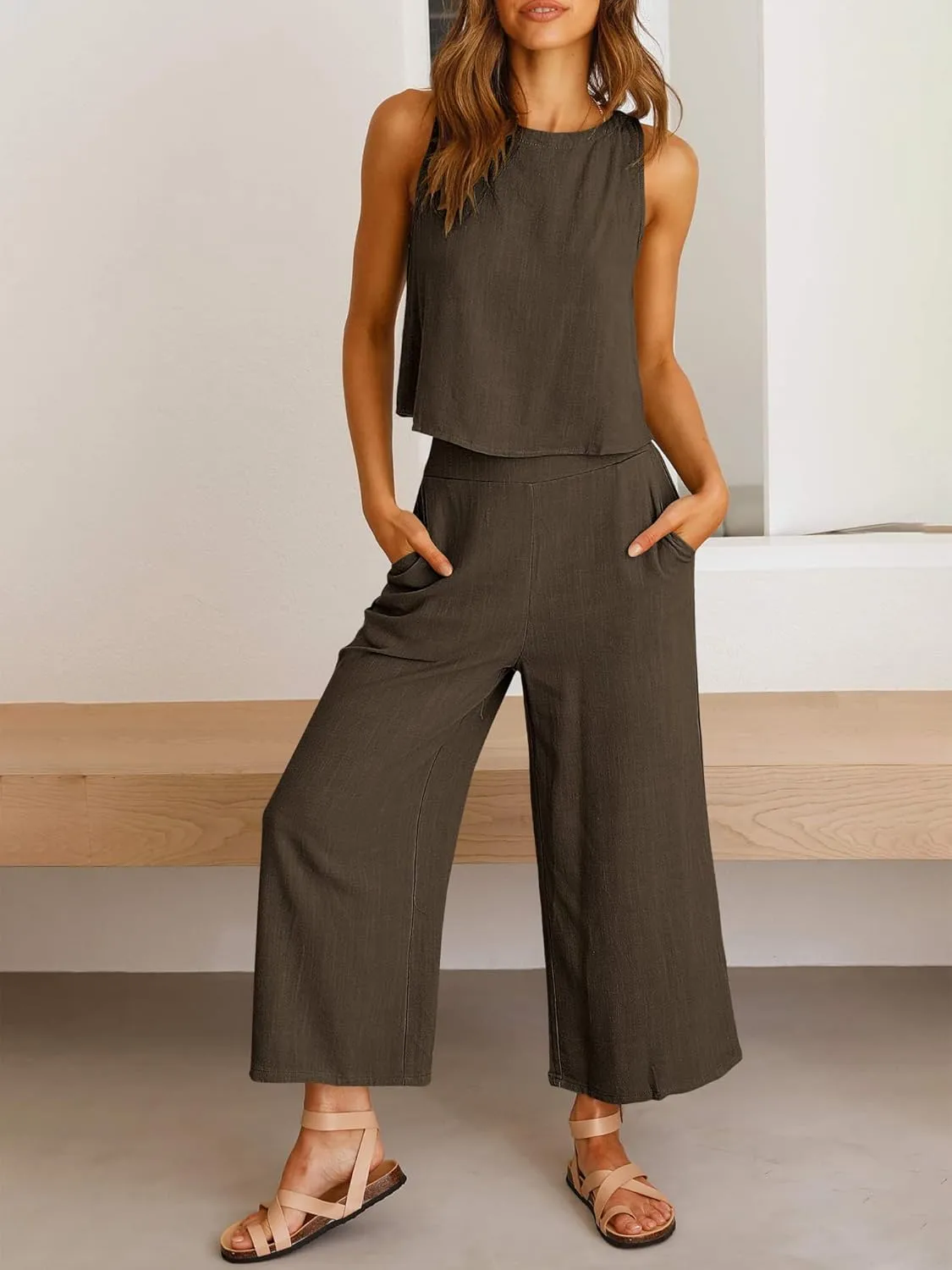 ANRABESS Women's Summer 2 Piece Outfits Sleeveless Crop Top Capri Wide Leg Pants Jumpsuit Linen Lounge Beach Travel Sets