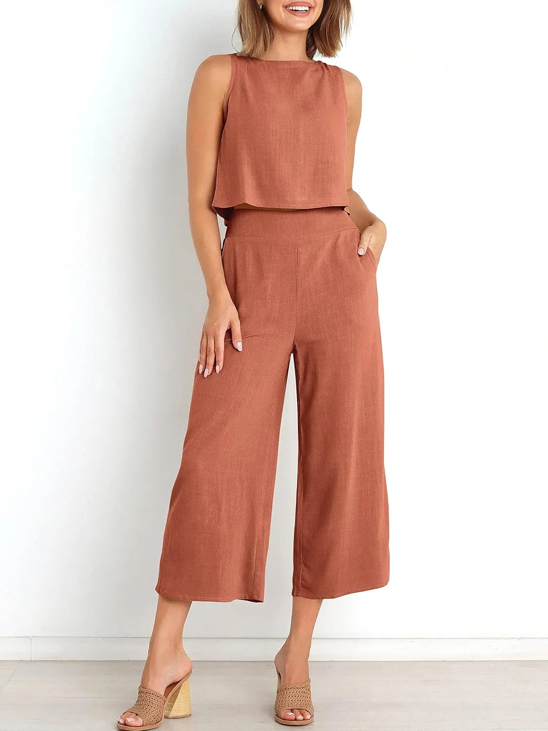 ANRABESS Women's Summer 2 Piece Outfits Sleeveless Crop Top Capri Wide Leg Pants Jumpsuit Linen Lounge Beach Travel Sets