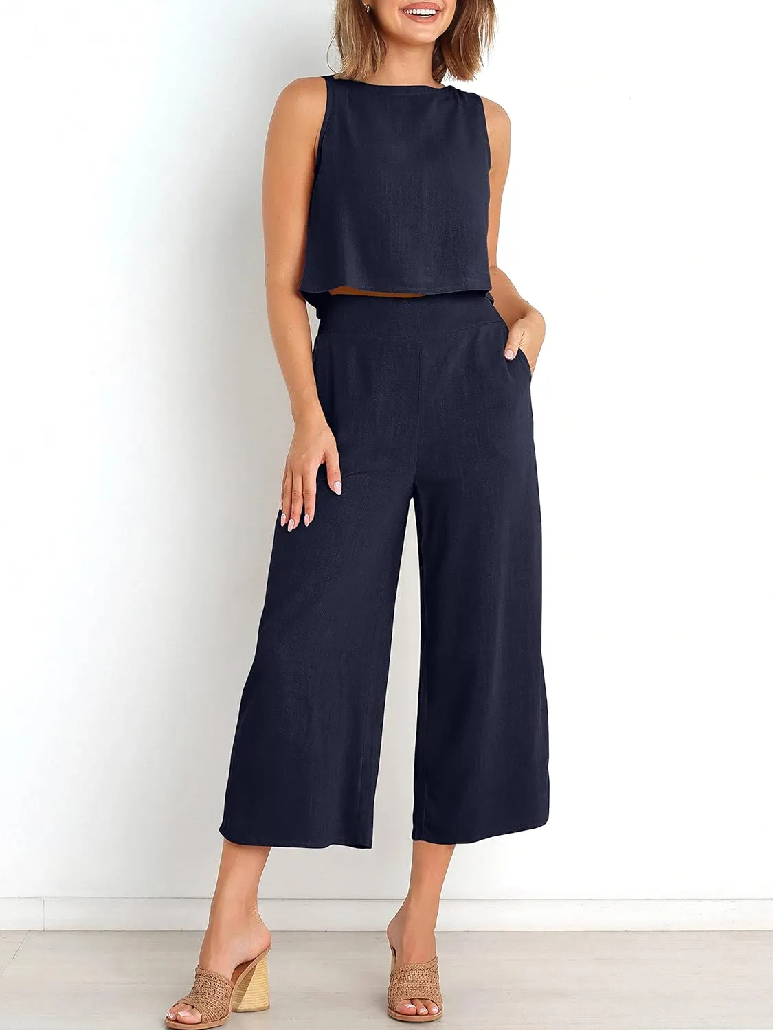 ANRABESS Women's Summer 2 Piece Outfits Sleeveless Crop Top Capri Wide Leg Pants Jumpsuit Linen Lounge Beach Travel Sets