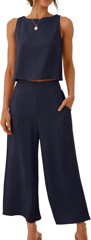 ANRABESS Women's Summer 2 Piece Outfits Sleeveless Crop Top Capri Wide Leg Pants Jumpsuit Linen Lounge Beach Travel Sets