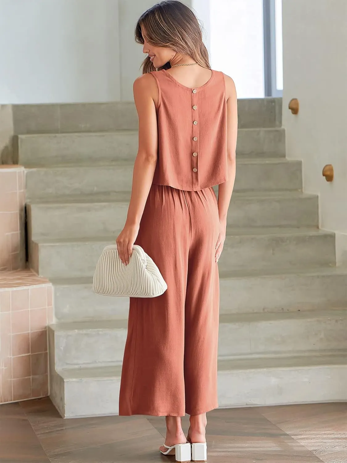 ANRABESS Women's Summer 2 Piece Outfits Sleeveless Crop Top Capri Wide Leg Pants Jumpsuit Linen Lounge Beach Travel Sets