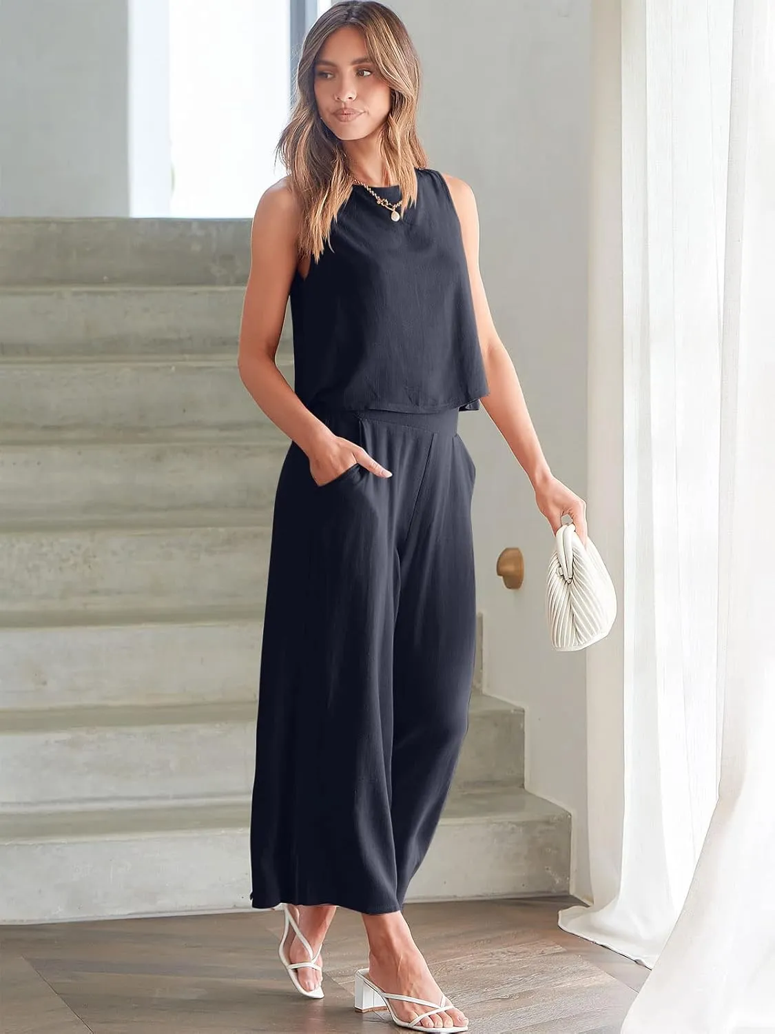ANRABESS Women's Summer 2 Piece Outfits Sleeveless Crop Top Capri Wide Leg Pants Jumpsuit Linen Lounge Beach Travel Sets