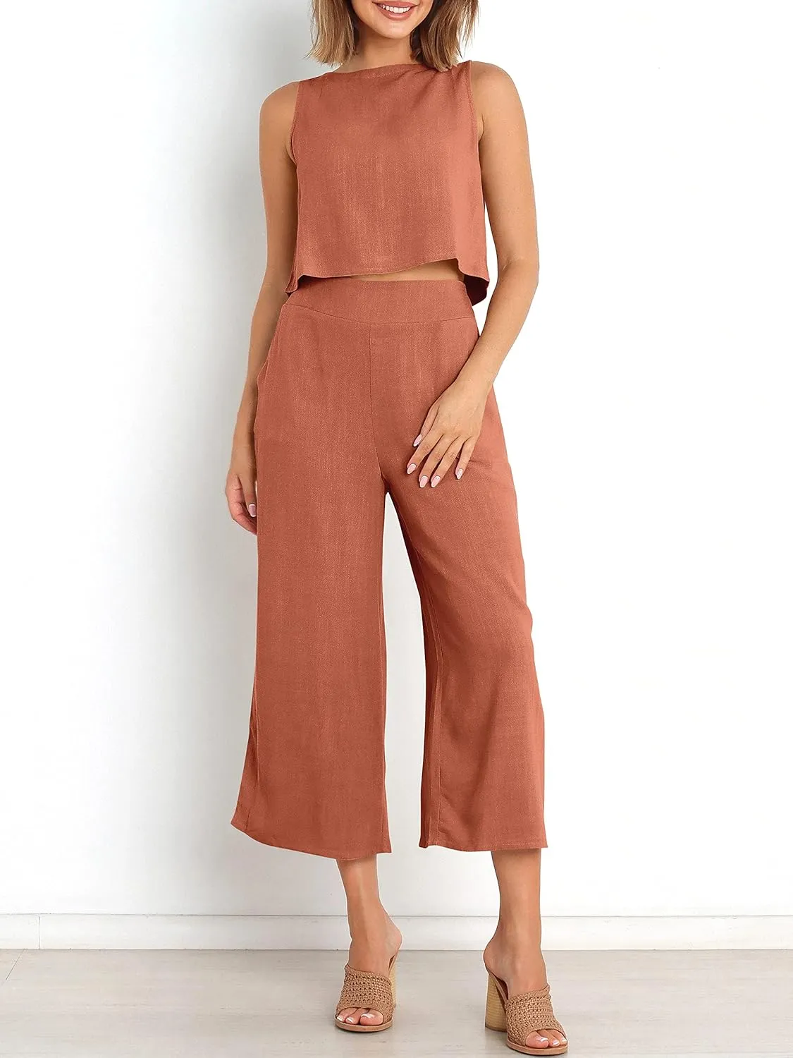 ANRABESS Women's Summer 2 Piece Outfits Sleeveless Crop Top Capri Wide Leg Pants Jumpsuit Linen Lounge Beach Travel Sets