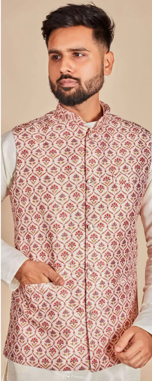 Appealing Red Colored Party Wear Kurta Jacket With Pajama Sets For Men