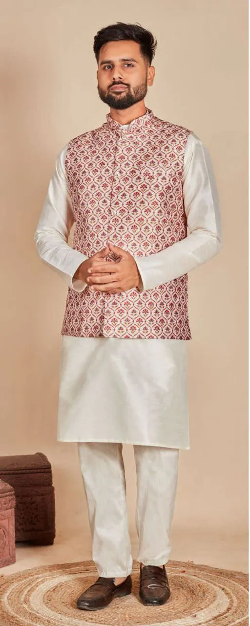 Appealing Red Colored Party Wear Kurta Jacket With Pajama Sets For Men