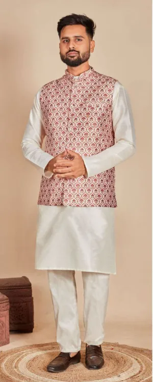 Appealing Red Colored Party Wear Kurta Jacket With Pajama Sets For Men