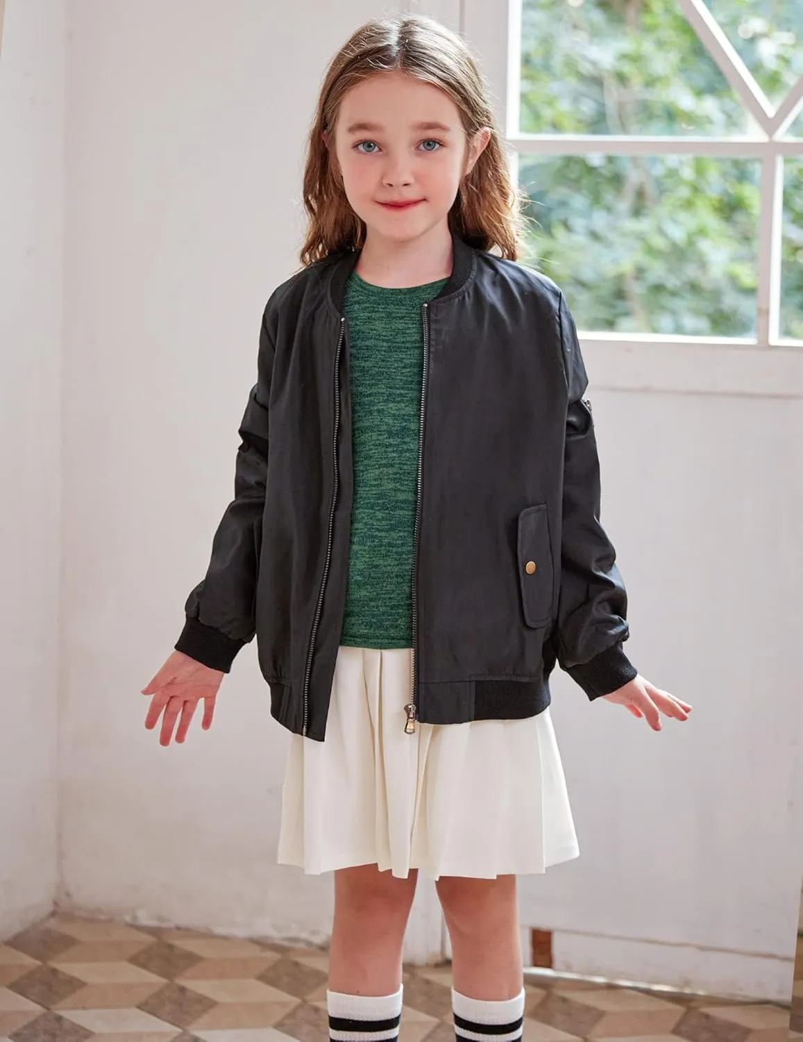 Arshiner Girls Bomber Jacket Casual Coat Zip Up Outerwear with Pockets for 4-12 Years