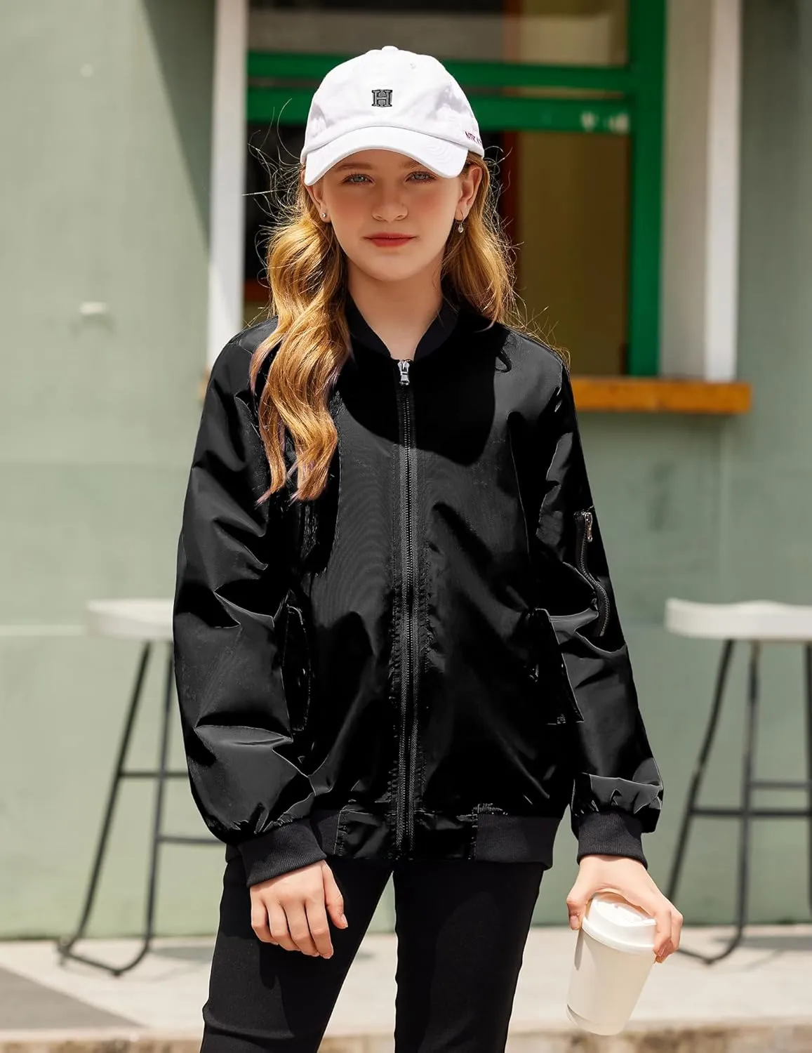 Arshiner Girls Bomber Jacket Casual Coat Zip Up Outerwear with Pockets for 4-12 Years