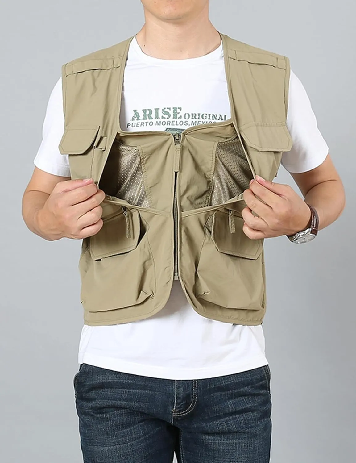 Arssm Men's Fishing Vest Outdoor Cargo Safari Hiking Travel Casual Lightweight Utility Vest With Pockets