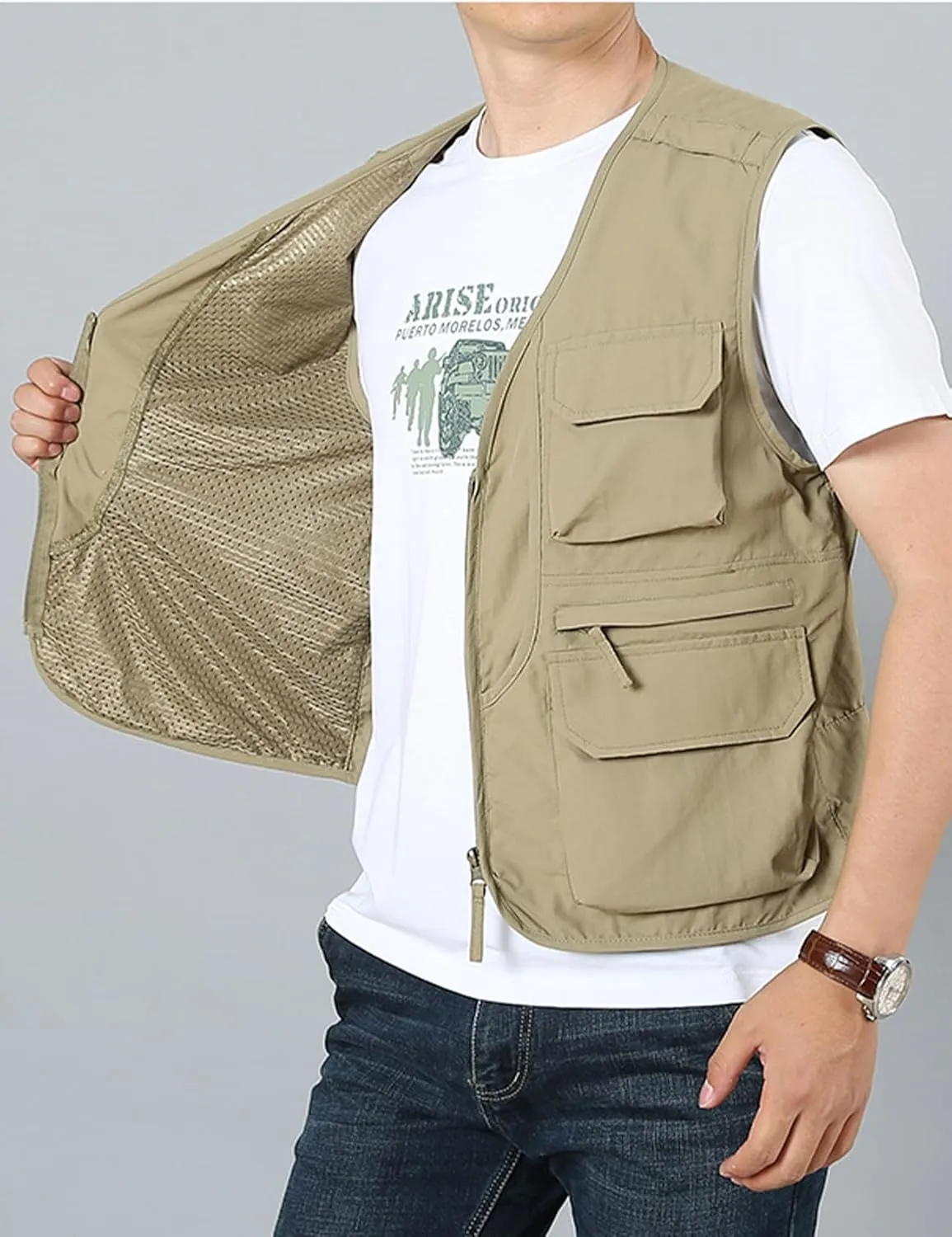 Arssm Men's Fishing Vest Outdoor Cargo Safari Hiking Travel Casual Lightweight Utility Vest With Pockets