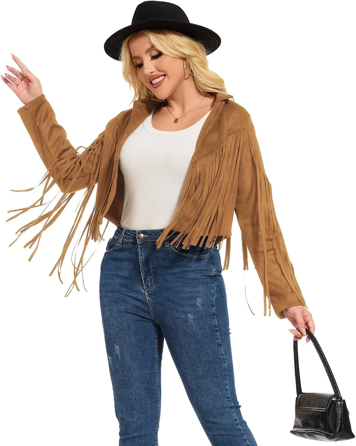 ATAMET 70s Women's Fringe Faux Suede Leather Jackets 60s Party Costume, Halloween 2025 Fashion Tassel Motorcycle Coats