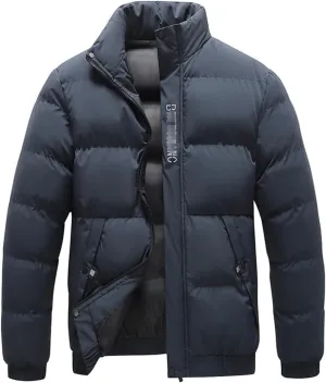 Autumn Winter Puffer Jackets Men Stand Collar Thicken Solid Color Cotton Padded Coat