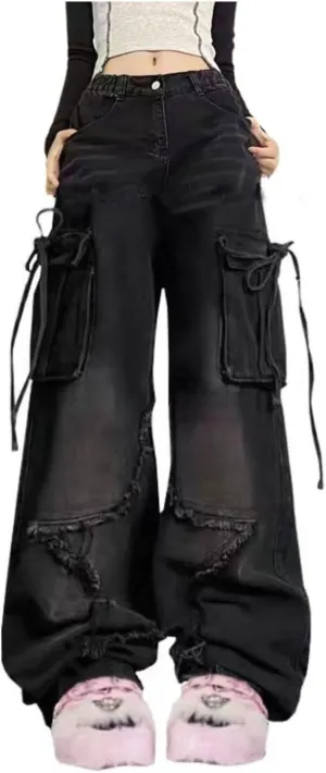Baggy Cargo Pants for Women Girls Star Jeans Y2k Low Waisted Wide Leg Jeans Cute Streetwear Vintage Clothes
