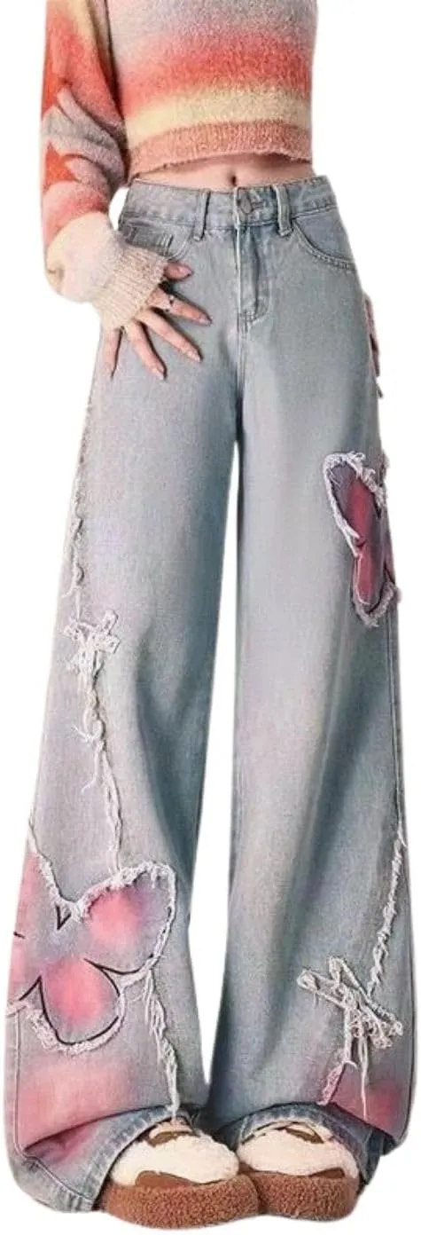 Baggy Cargo Pants for Women Girls Star Jeans Y2k Low Waisted Wide Leg Jeans Cute Streetwear Vintage Clothes