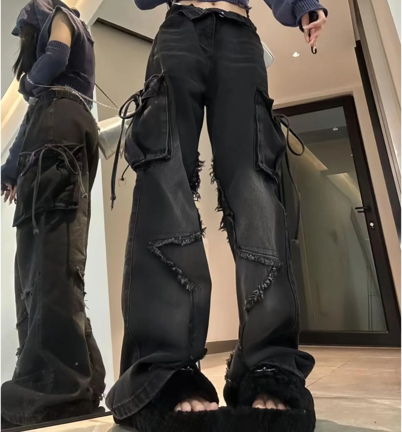 Baggy Cargo Pants for Women Girls Star Jeans Y2k Low Waisted Wide Leg Jeans Cute Streetwear Vintage Clothes